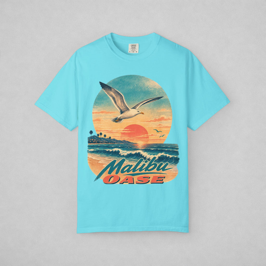 Blue lagoon T-shirt with seagull, sunset and brand "Malibu OASE"