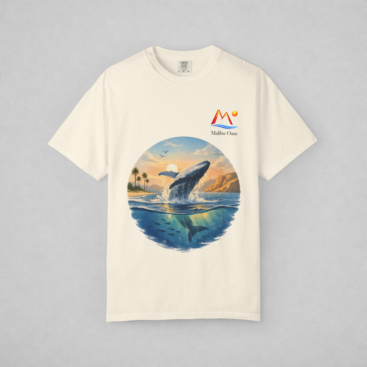 Ivory T-shirt with breaching whale and logo.