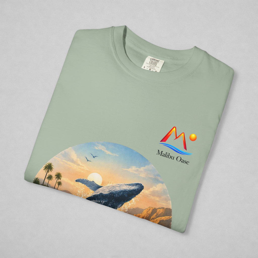 Folded Bay T-shirt with breaching whale and logo.