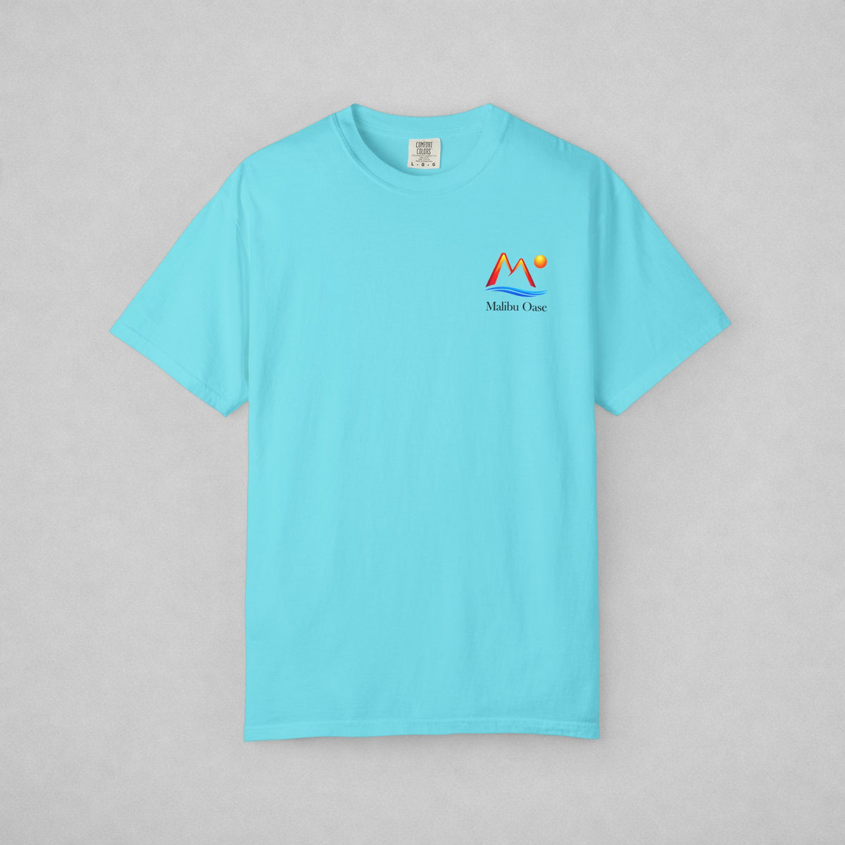 Lagoon Blue.  Full shirt with "Malibu Oase" logo.