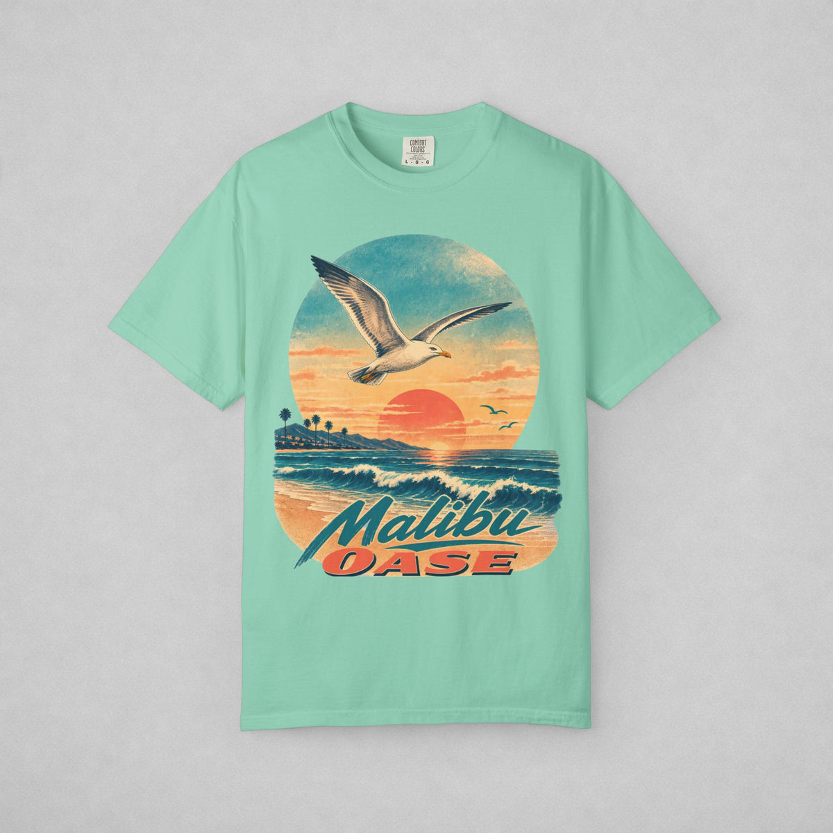 Island Reef T-shirt with seagull, sunset and brand "Malibu OASE"