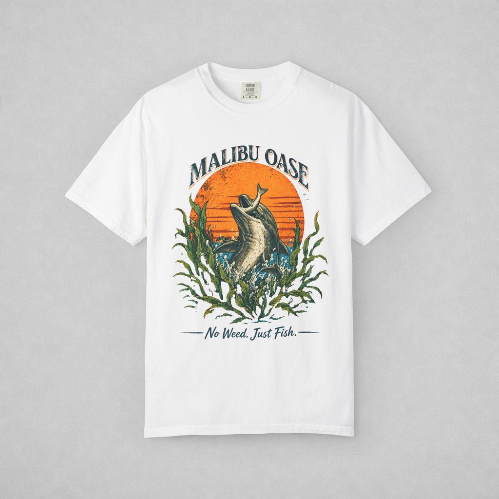 White.  T-shirt with a dolphin grabbing a fish.  Caption: No Weed. Just Fish.