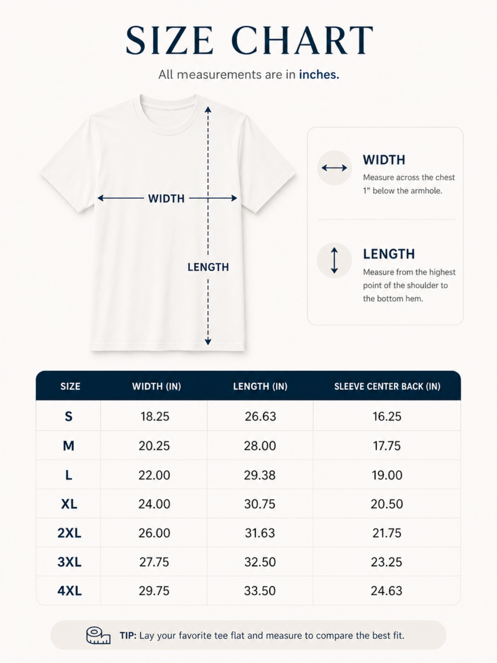 A size chart graphic for a white short-sleeve T-shirt, showing a front-view shirt with arrows marking width and length, plus a size table listing S through 4XL measurements in inches.