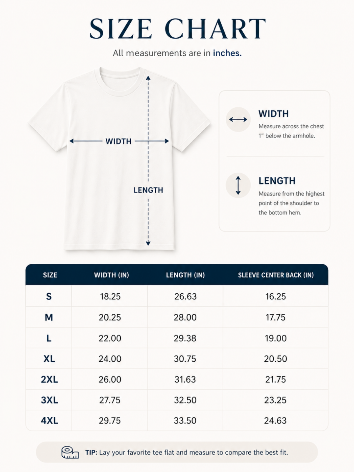 A size chart graphic for a white short-sleeve T-shirt, showing a front-view shirt with arrows marking width and length, plus a size table listing S through 4XL measurements in inches.
