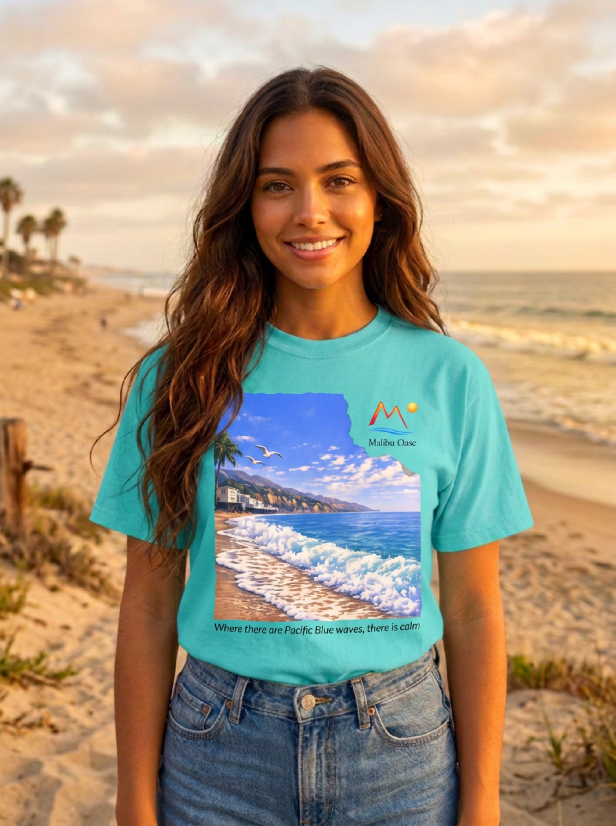 A woman wearing a turquoise graphic t-shirt with a beach scene printed on the front, standing on a sandy beach at sunset.  The t-shirt has the logo 'Malibu Oase' and under the print there are the words 'Where there are Pacific Blue waves, there is calm'.