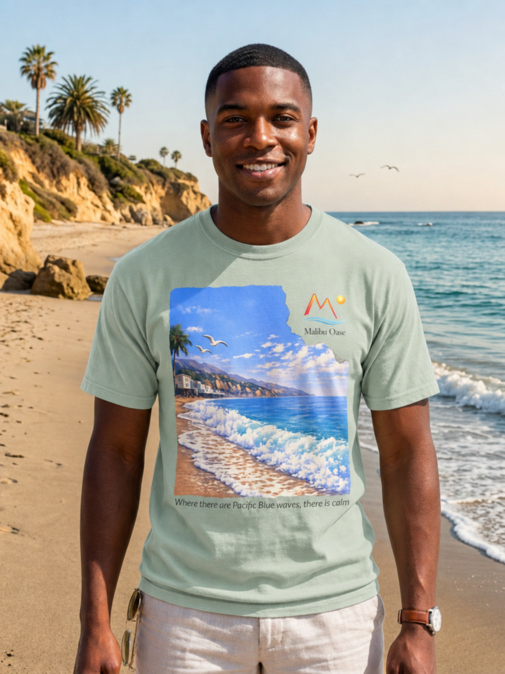 A man standing on a beach wearing a light sage green t-shirt with a large graphic print of a coastal scene and the logo 'Malibu Oase' and under the print there are the words 'Where there are Pacific Blue waves, there is calm'.