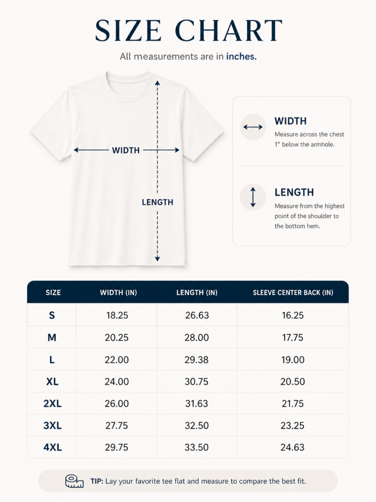 A size chart graphic for a white short-sleeve T-shirt, showing a front-view shirt with arrows marking width and length, plus a size table listing S through 4XL measurements in inches.