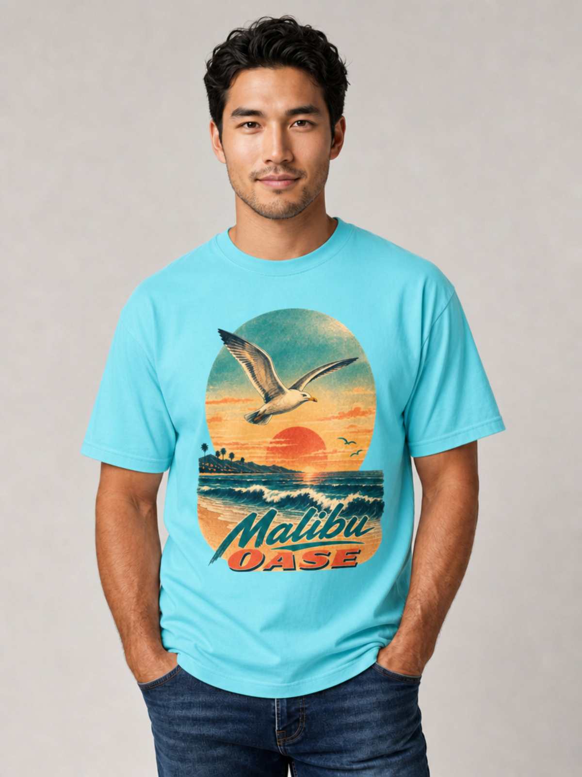 Man wearing Blue Lagoon T-shirt with brand "Malibu OASE"