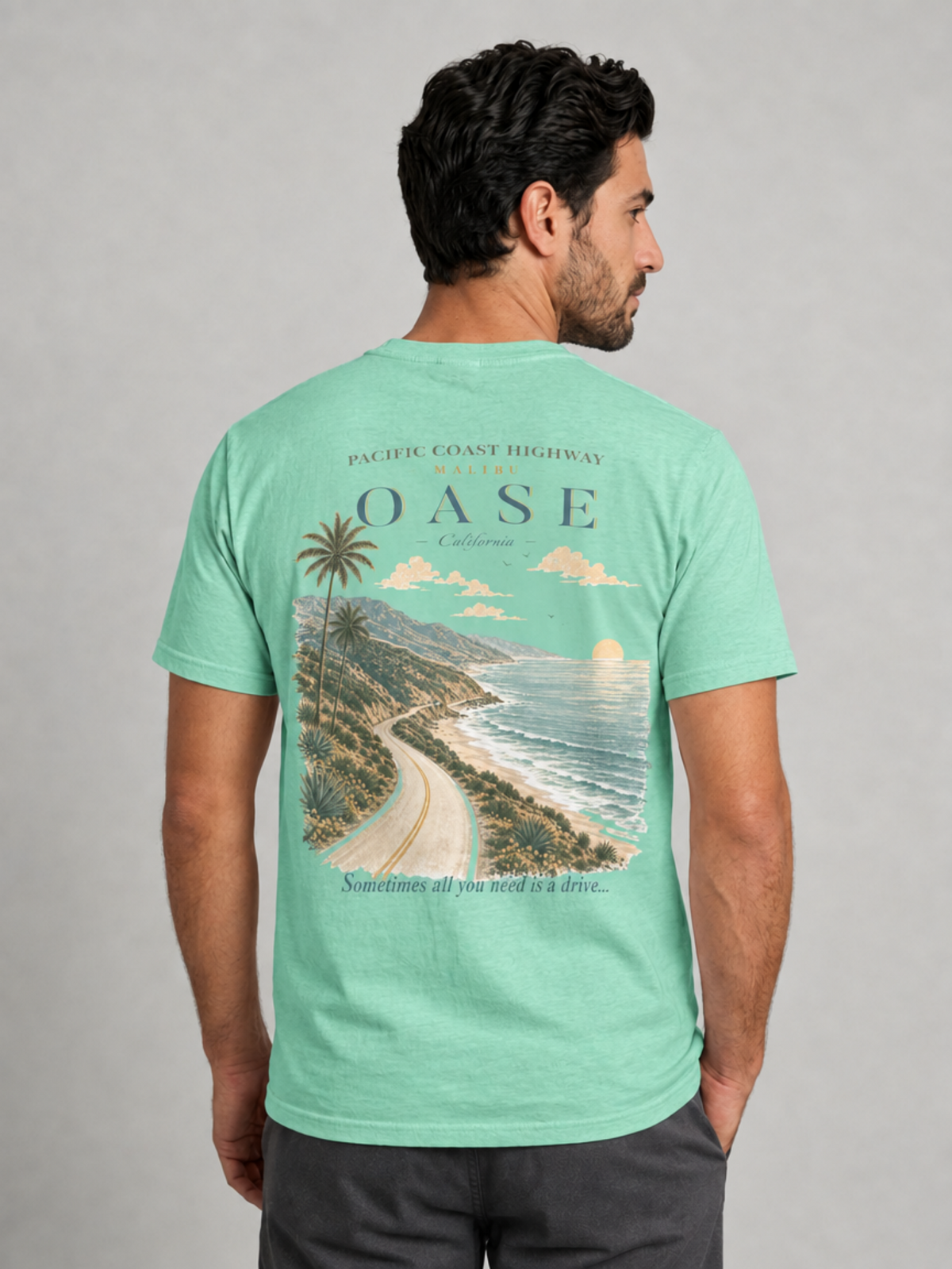 Island Reef. Backside of T-shirt. Scenic view of PCH.  Caption: "Sometimes all you need is a drive"