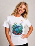 A smiling blonde woman wearing a white short-sleeve graphic T-shirt with a colorful dolphin and coral reef print on the front, posed against a light gray studio background.