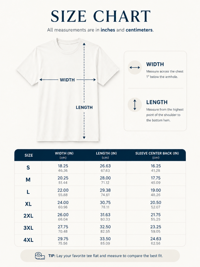 A size chart graphic for T-shirt, showing measurement arrows for width and length on a torso diagram and a size table with chest, length, and sleeve center back measurements in inches and centimeters for S through 4XL.
