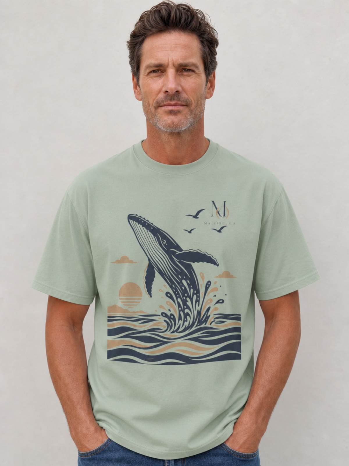 Bay. Man wearing shirt with a whale.