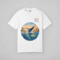 White. Shirt with breaching whale and logo.