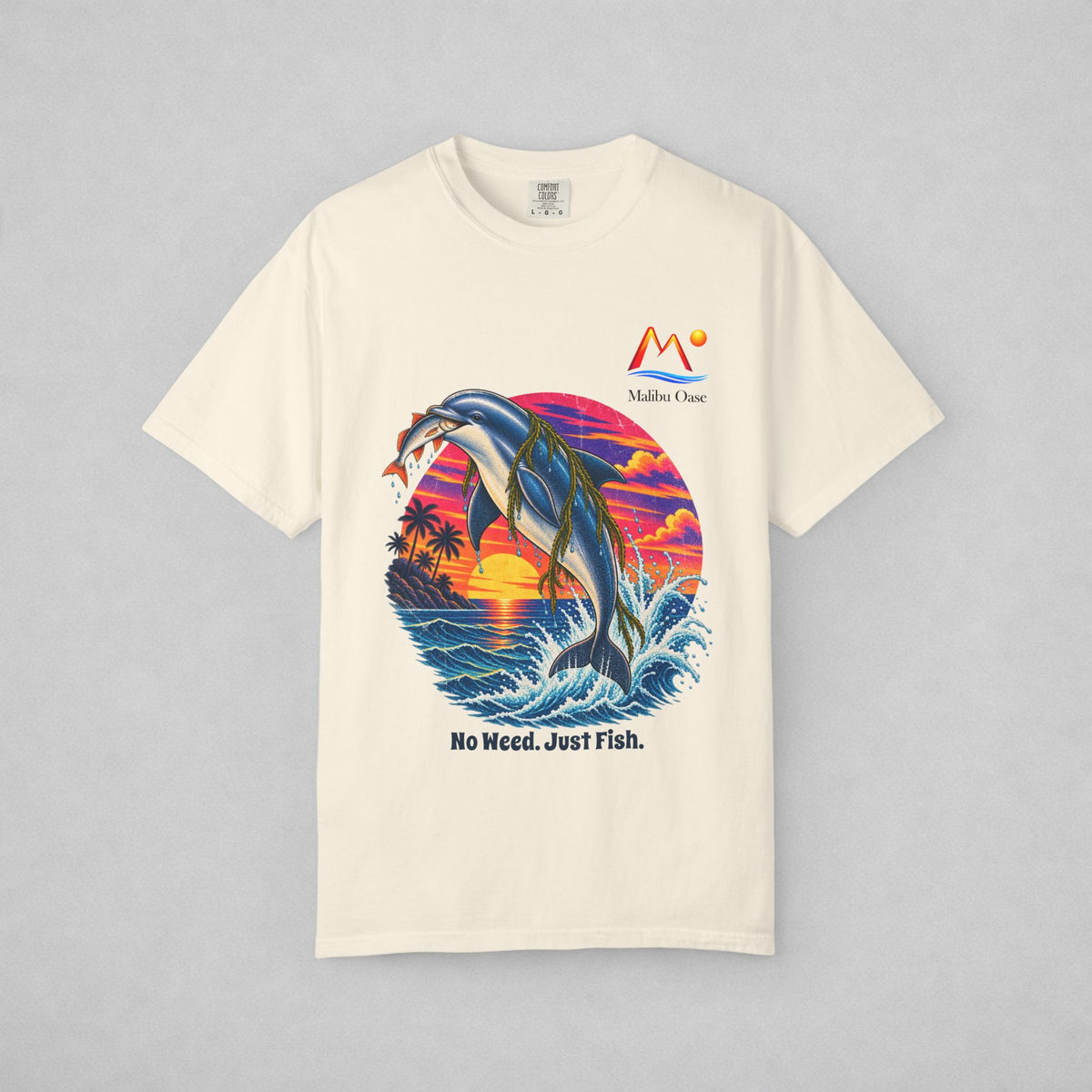 Ivory T-shirt with logo.  Caption: No Weed. Just Fish.