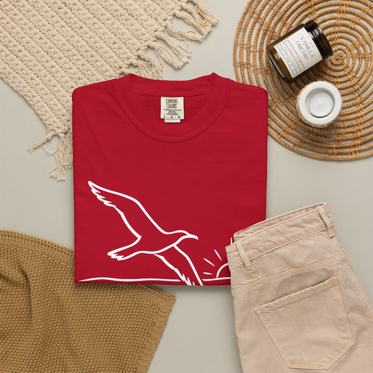 Red. Folded shirt.