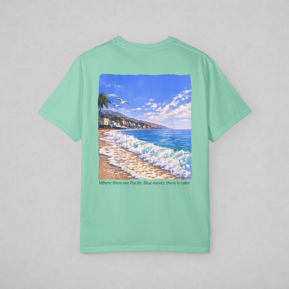 Island Reef.  Beach print on the back. 'Where there are Pacific Blue waves, there is calm'