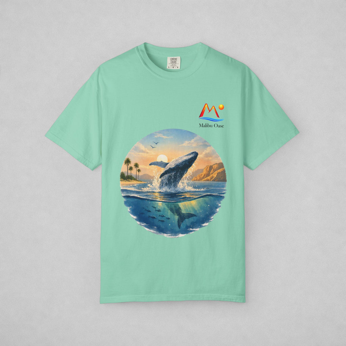 Island Reef T-shirt with breaching whale and logo.