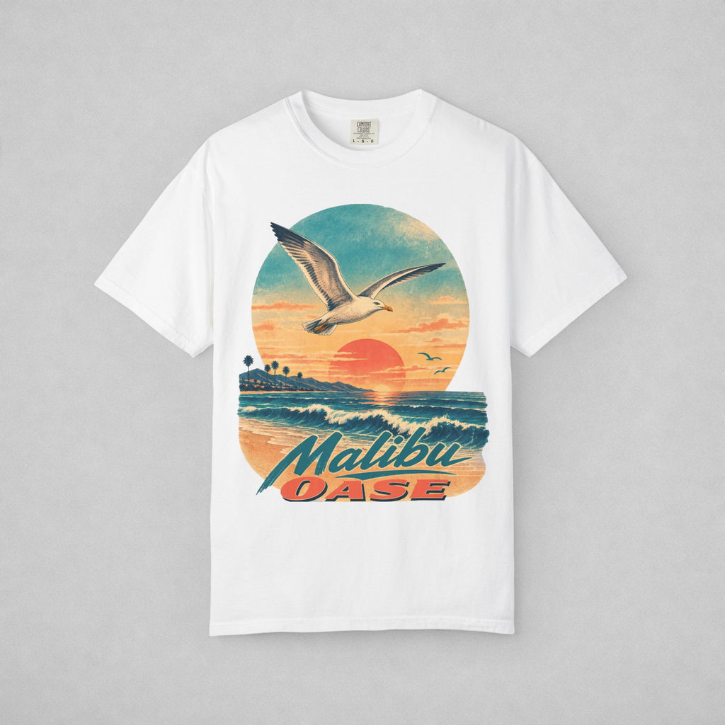 White T-shirt with seagull, sunset and brand "Malibu OASE"