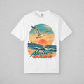 White T-shirt with seagull, sunset and brand "Malibu OASE"