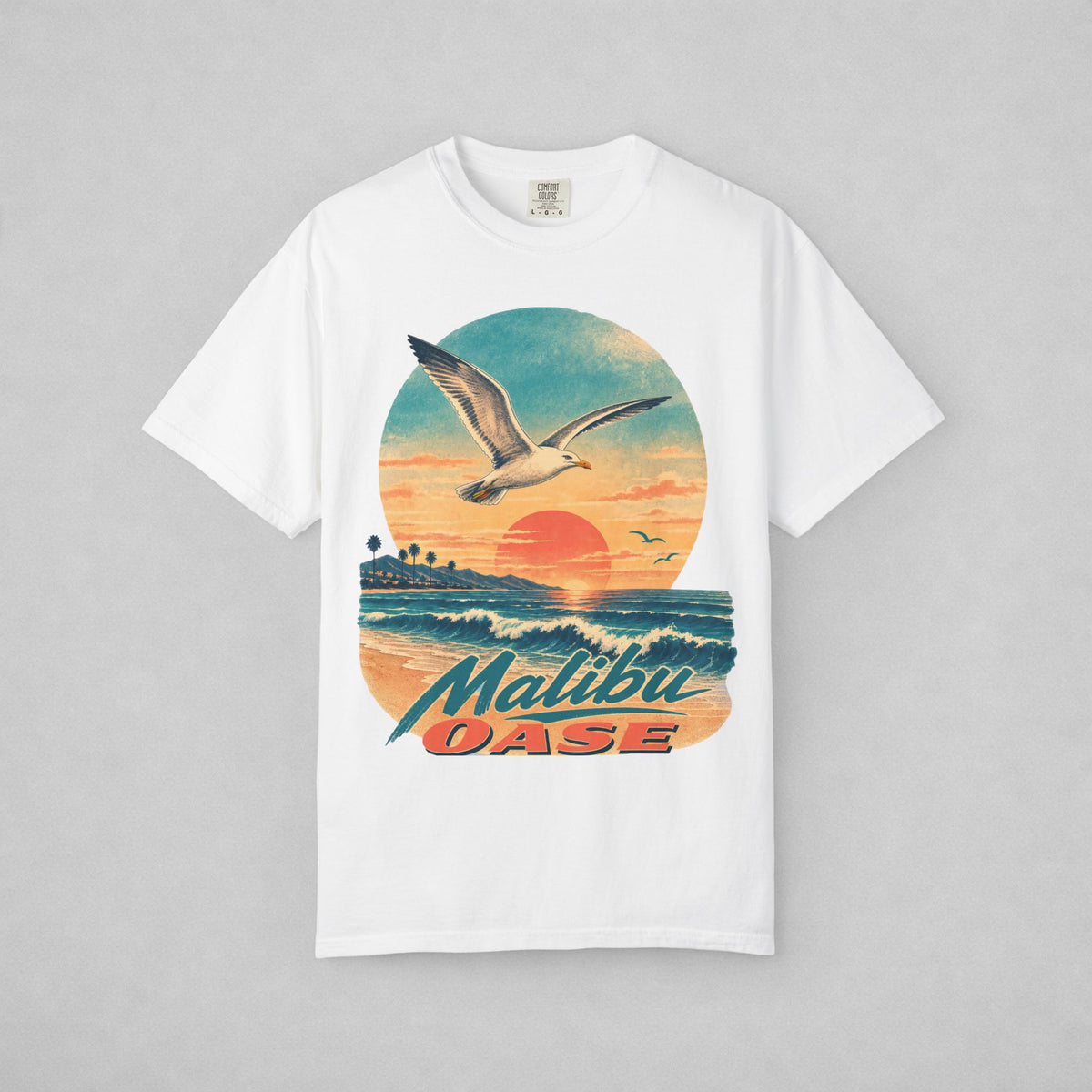 White T-shirt with seagull, sunset and brand "Malibu OASE"