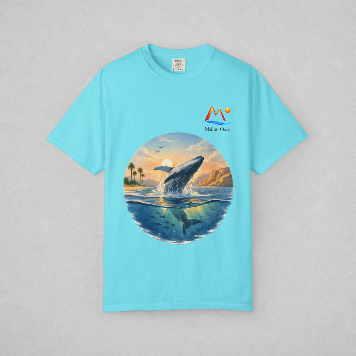 Lagoon Blue T-shirt with breaching whale and logo.