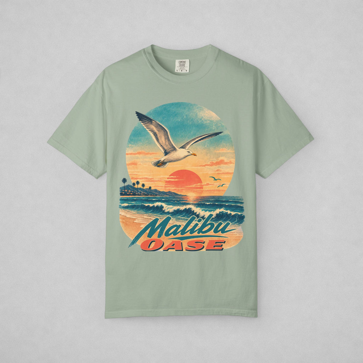 Bay T-shirt with seagull, sunset and brand "Malibu OASE"
