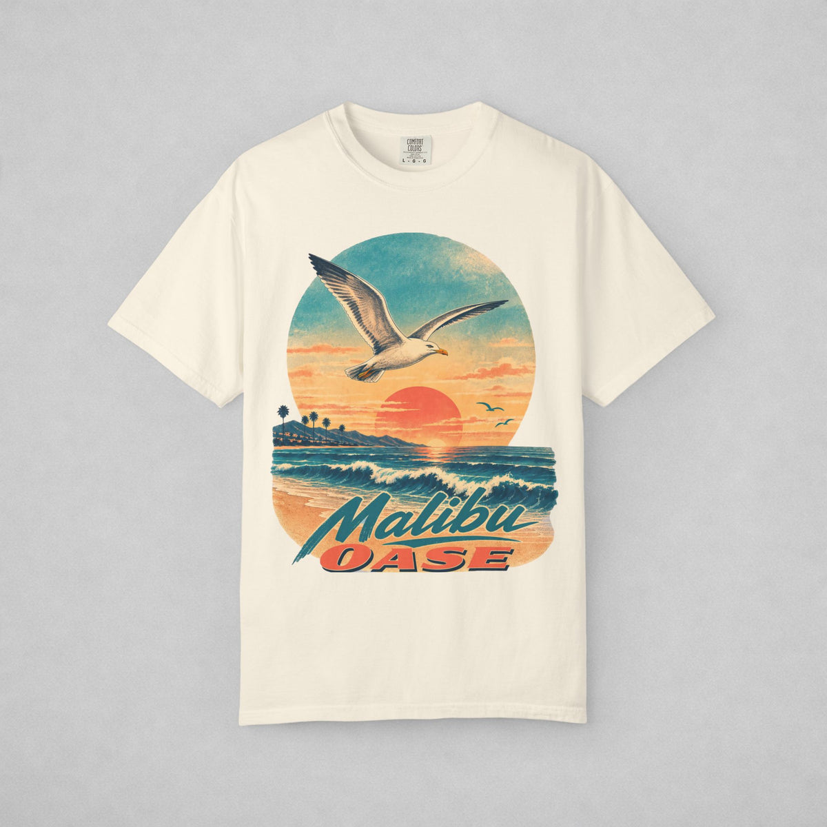 Ivory T-shirt with seagull, sunset and brand "Malibu OASE"