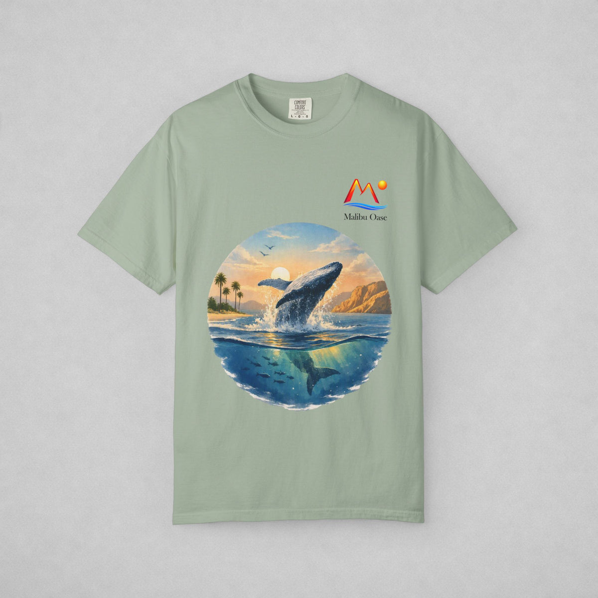 Bay T-shirt with breaching whale and logo.