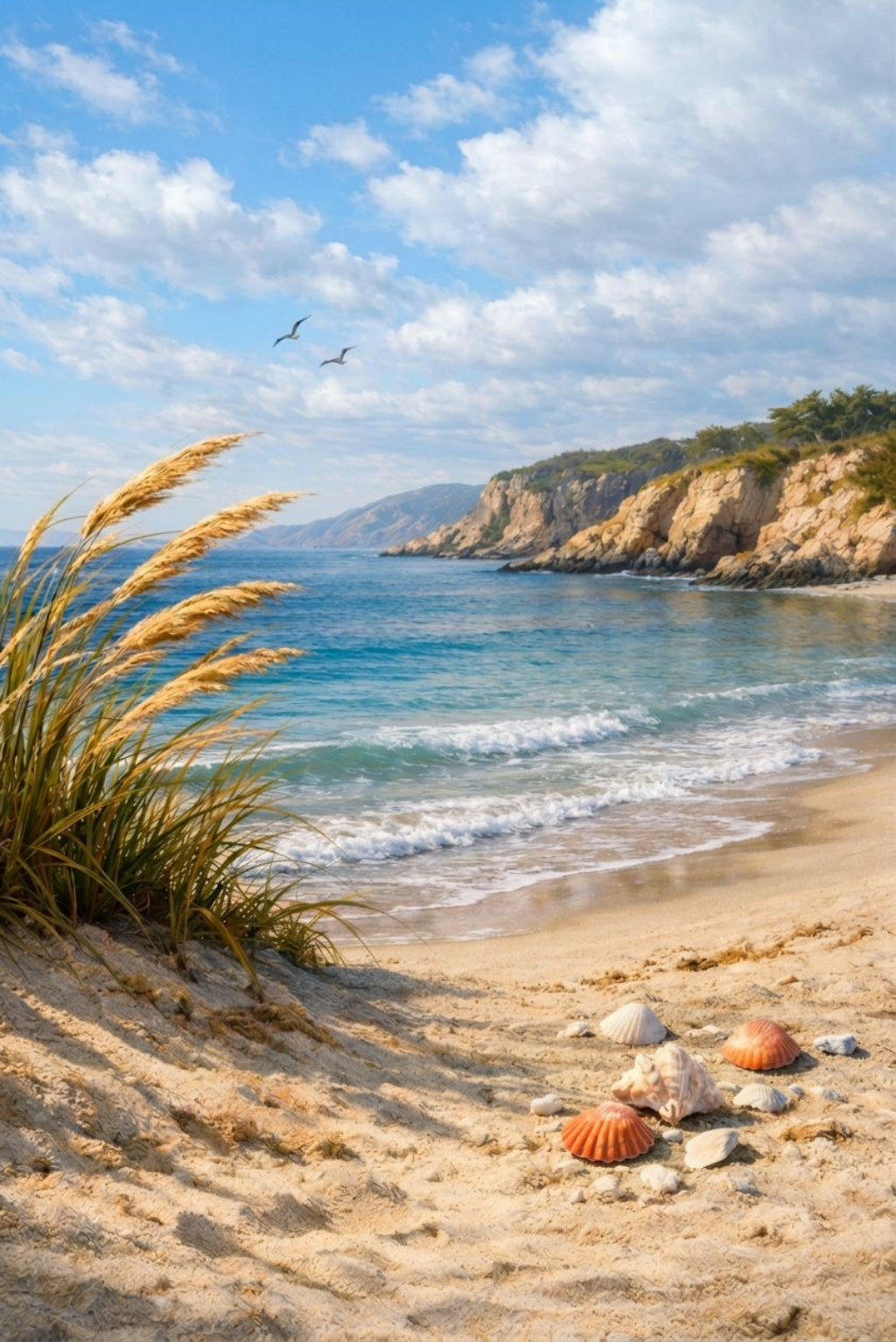 A scenic beach landscape with sandy shore, turquoise ocean water, rocky cliffs, blue sky, white clouds, seashells on the sand, and tall beach grass in the foreground.